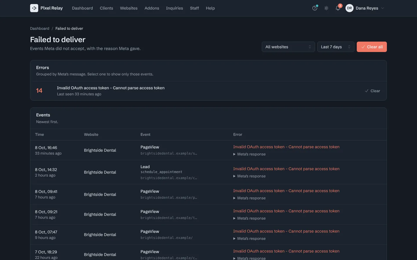 Step 2: Errors groups the failures by the message Meta sent back, most frequent first.