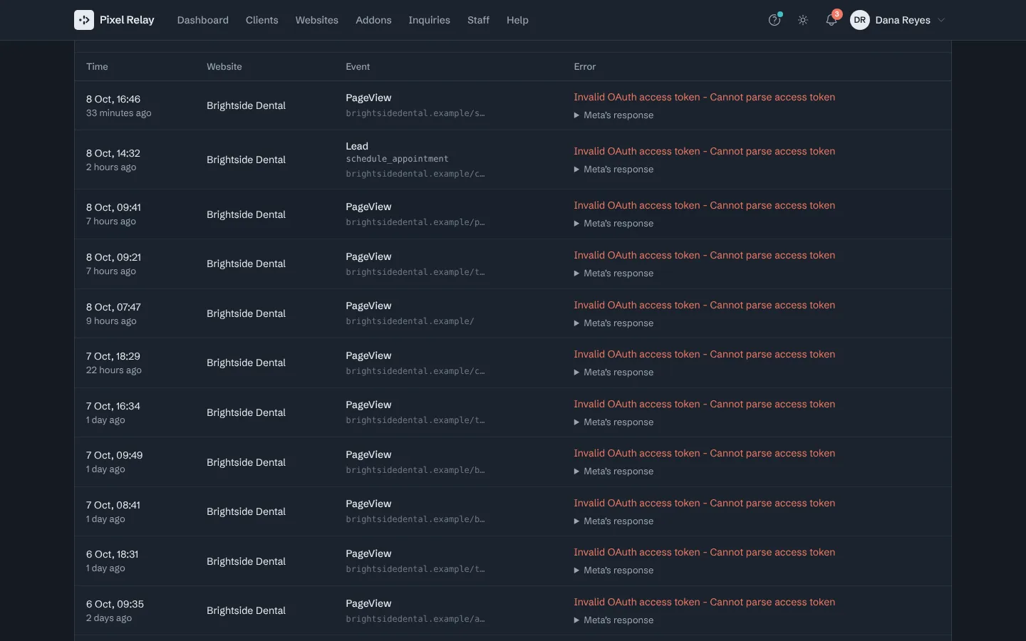 Step 4: Each row shows the website, the event and Meta's answer. An access token error means the token needs replacing.