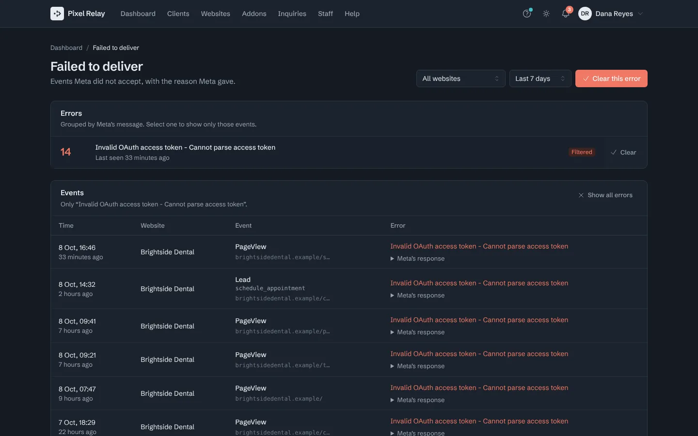 Step 5: Once it is fixed, Clear this error takes these events off the list and the dashboard count.