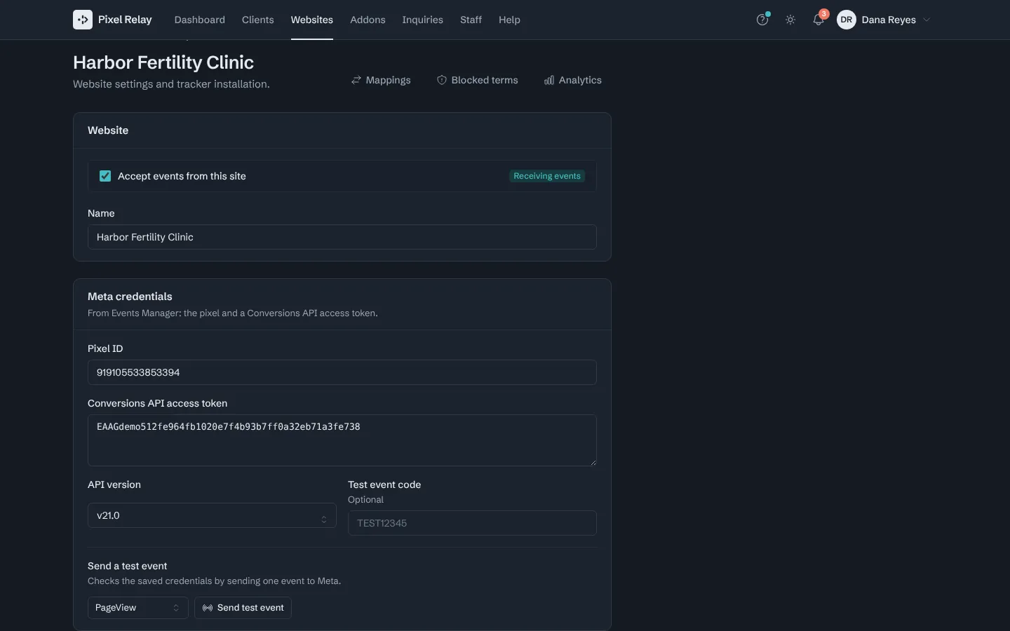 Step 2: Optional. Paste the test code from Events Manager, Test events, so the event shows up there.