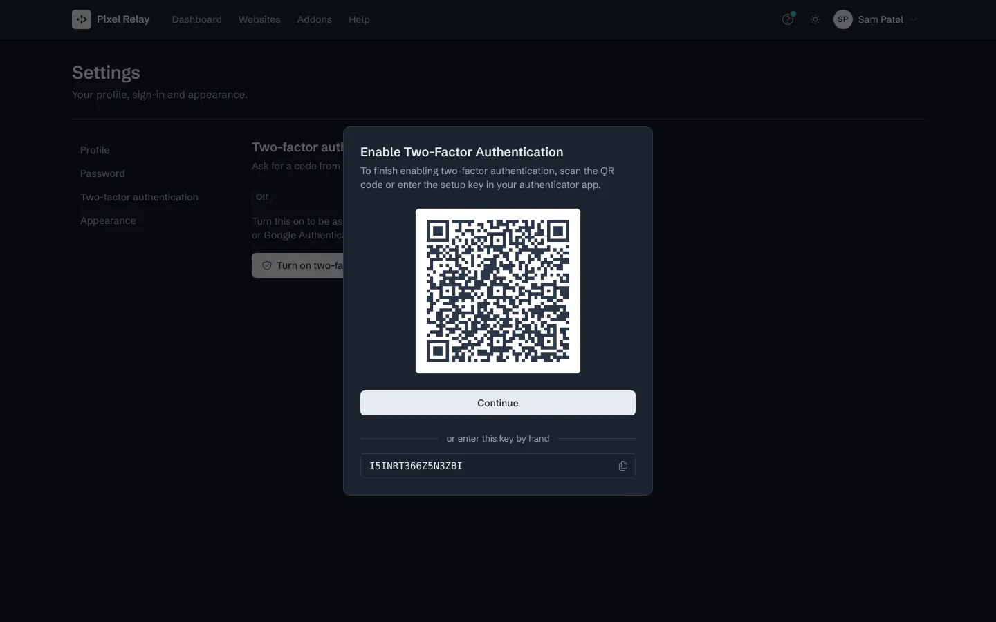 Step 5: Scan the QR code with an authenticator app, or type the setup key into it.