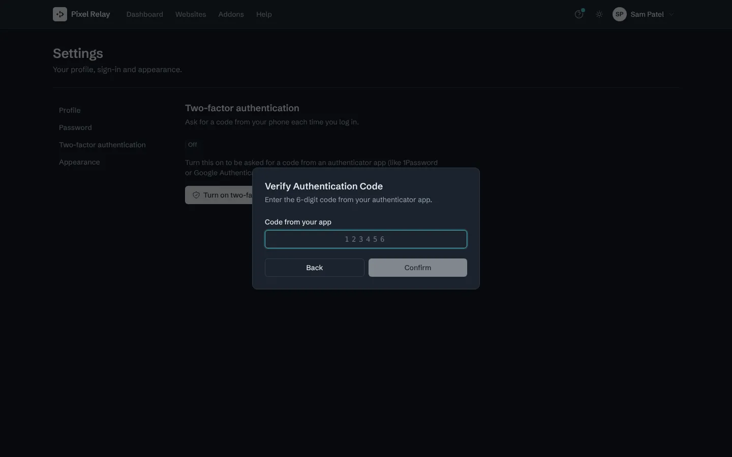 Step 7: Enter the 6-digit code the app shows, then click Confirm. Keep the recovery codes somewhere safe.