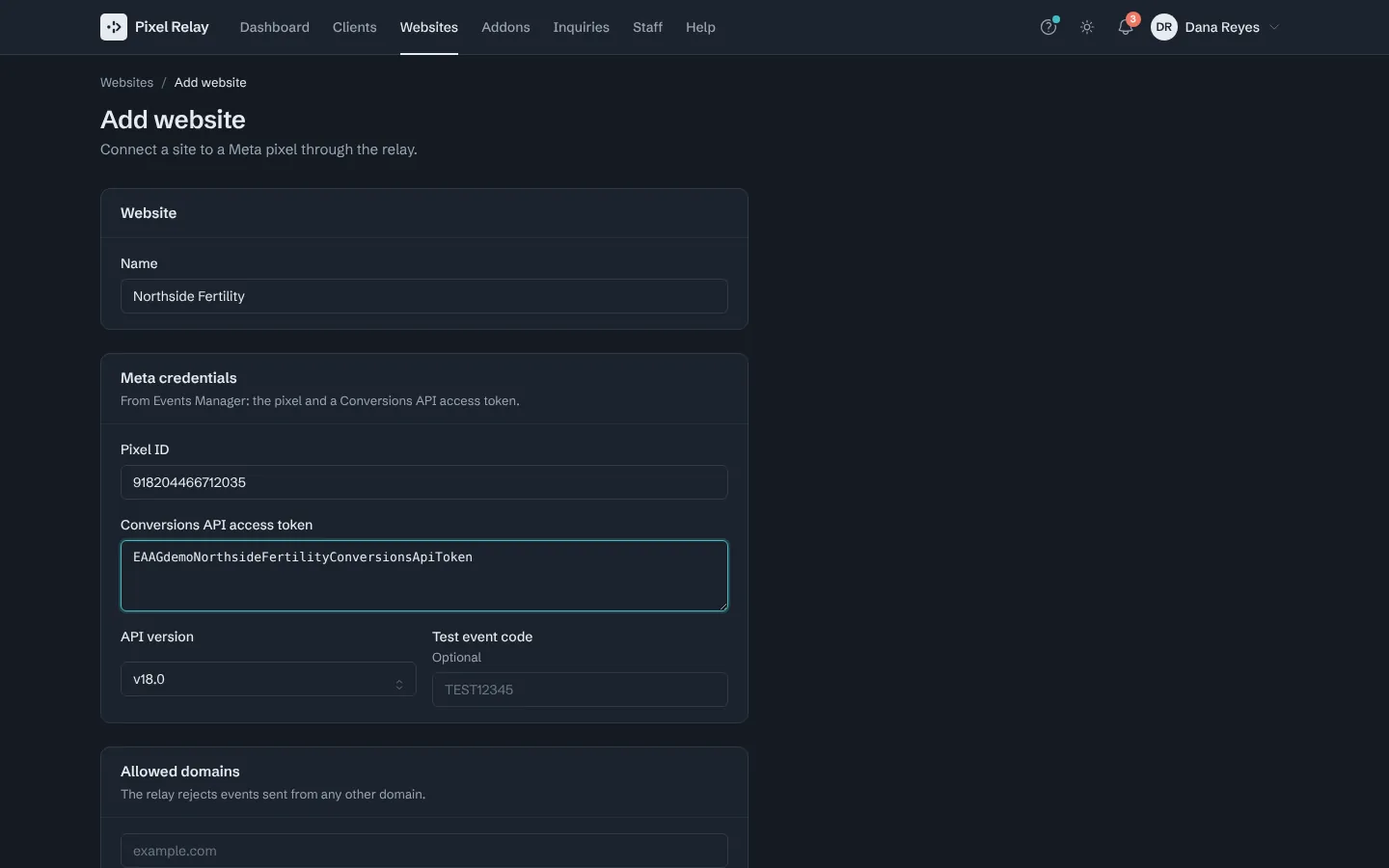 Step 5: Enter the site's domain. The relay only accepts events from the domains listed here and their subdomains.