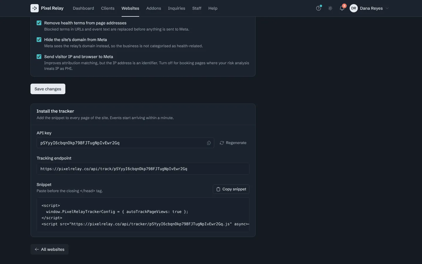 Step 9: The site is saved. Its settings page ends with the snippet to put on the site.